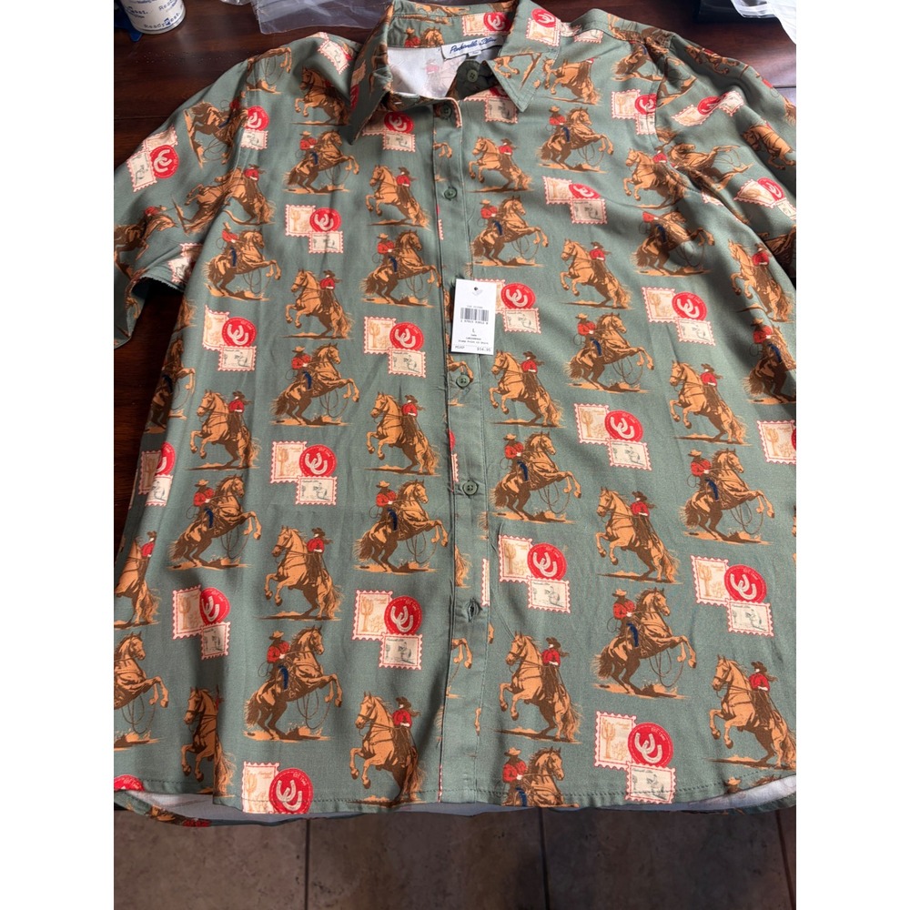 Panhandle Slim Cowgirl Stamp Print Western Button Up Shirt Jade Green Large NEW